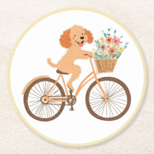 Posavasos Redondo De Papel Lindo perro Goldendoodle en bicicleta con flores d