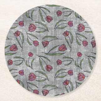 Posavasos Redondo De Papel Lino rústico francés patrón de tulipán: Ele floral