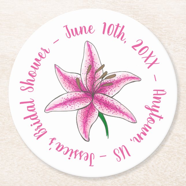 Posavasos Redondo De Papel Lirio Rosa Floral Bridal Personalizado (Anverso)