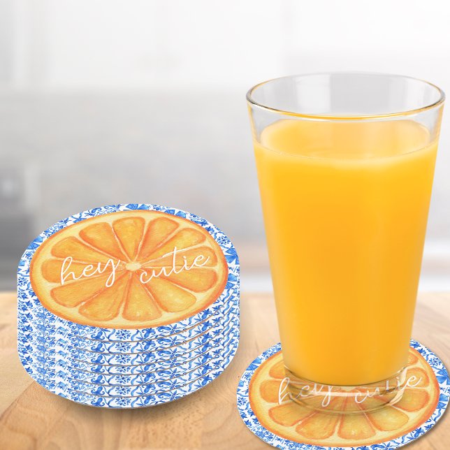 Posavasos Redondo De Papel Little Cutie Citrus Naranja Azulejo Baby Shower (Little cutie - baby shower coasters)