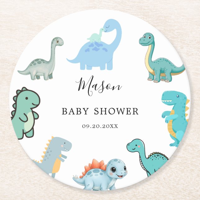 Posavasos Redondo De Papel Little Dinosaur Cute Baby Shower (Anverso)