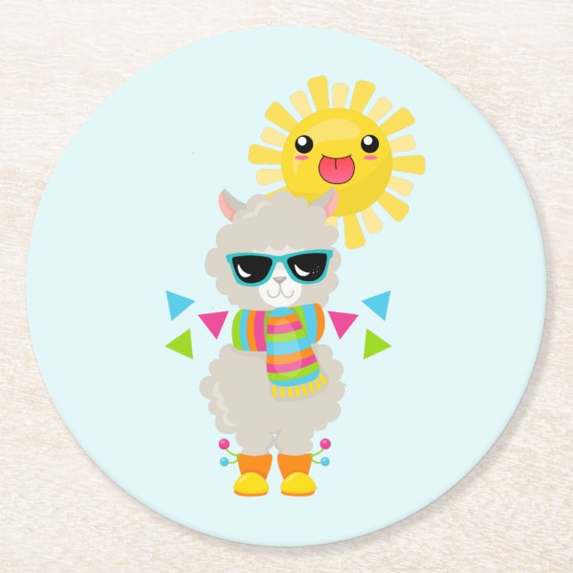 Posavasos Redondo De Papel Llama Guay y Sol sonriente Kawaii (Anverso)