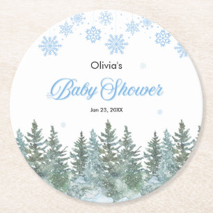 Posavasos Redondo De Papel Lluvia de Copos de Nieve Pinos Invierno Baby Showe
