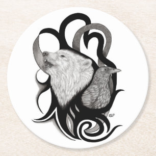 Posavasos Redondo De Papel Lobo blanco con arte tribal de Raven