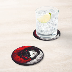 Posavasos Redondo De Papel Lobo blanco rojo de la luna