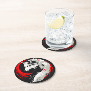 Posavasos Redondo De Papel Lobo blanco rojo lunar