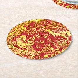 Posavasos Redondo De Papel Logo de boda chino dragón fénix