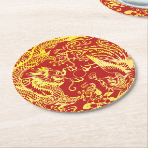 Posavasos Redondo De Papel Logo de Dragon phoenix Chinese boda
