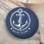 Posavasos Redondo De Papel Logotipo de ancla náutica Nombre del barco azul de<br><div class="desc">Montura De Papel De Papel Con El Nombre Del Barco Azul De La Marina Con El Logotipo De Anclaje Náutico.</div>