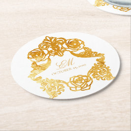 Posavasos Redondo De Papel Logotipo de Boda de Monograma Blanco y Oro