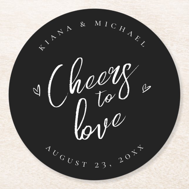 Posavasos Redondo De Papel Love Calligraphy Cheers Hearts White B&W ID940 (Anverso)