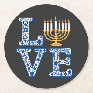 Posavasos Redondo De Papel Love Hanukkah Jewish Holiday Menorah