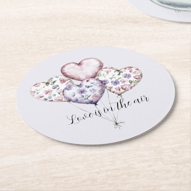 Posavasos Redondo De Papel Love is in the air Heart Balloons Bridal Shower (En perspectiva)