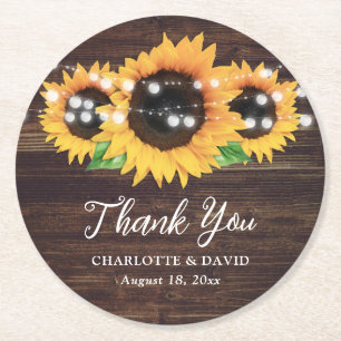 Posavasos Redondo De Papel Luces de Cuerda de Madera Rústica Girasoles Boda