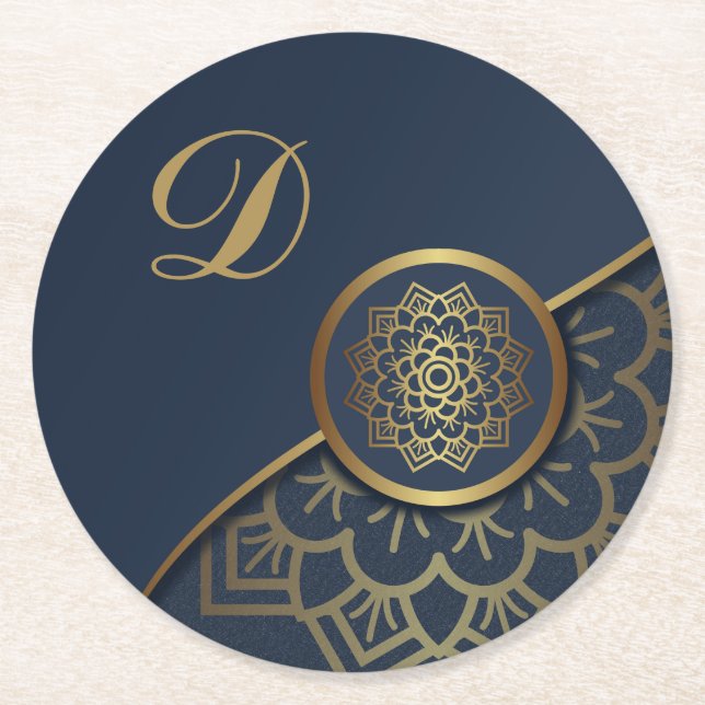 Posavasos Redondo De Papel Luxury Gold personalizado Mandala Art Blue (Anverso)
