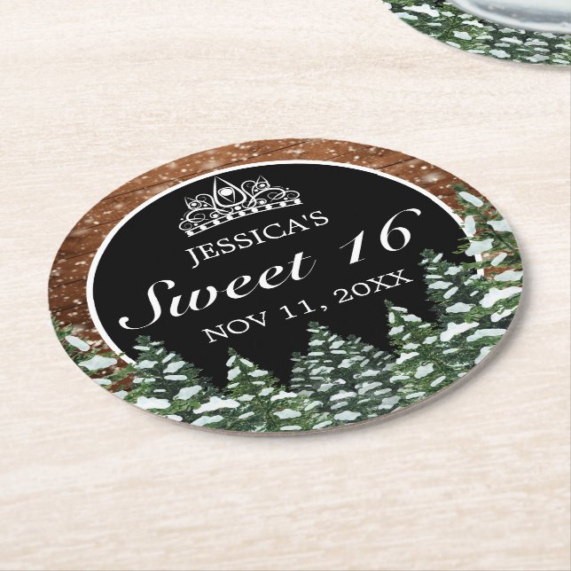 Posavasos Redondo De Papel Madera nevada negra y cereal Tiara Sweet 16 (En perspectiva)