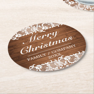 Posavasos Redondo De Papel Madera Rusa y Feliz Navidad Blanca