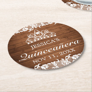 Posavasos Redondo De Papel Madera Rusa y Lace Blanco Tiara Quinceanera