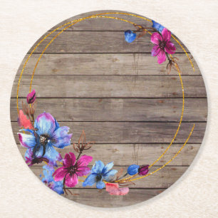 Posavasos Redondo De Papel Madera rústica y flores
