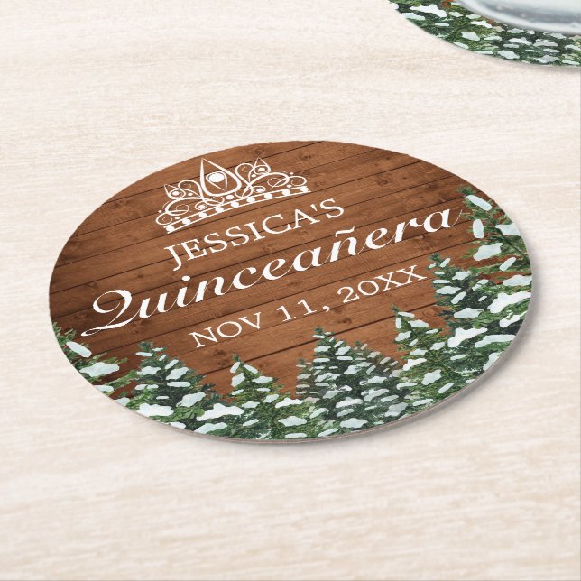 Posavasos Redondo De Papel Madera y bosque de nieve Pine Tiara Quinceanera (En perspectiva)