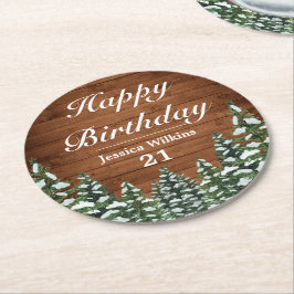Posavasos Redondo De Papel Madera y bosques de nieve Pine Happy Birday
