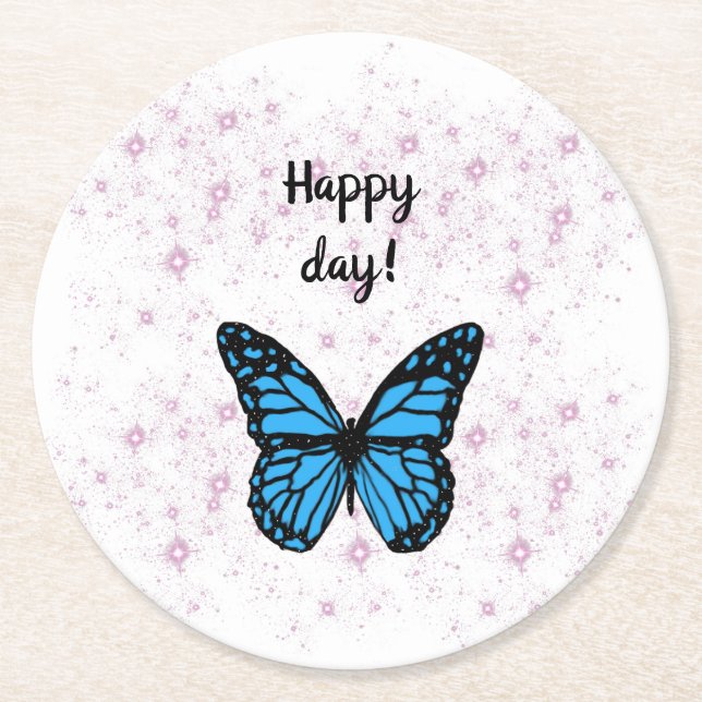 Posavasos Redondo De Papel Magical blue butterfly pink glitter art (Anverso)