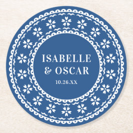 Posavasos Redondo De Papel Magnífico Boda azul de Papel Picado Ornate