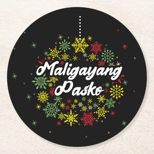 Posavasos Redondo De Papel Maligayang Pasko Snowflakes, Navidades de Filipina (Anverso)