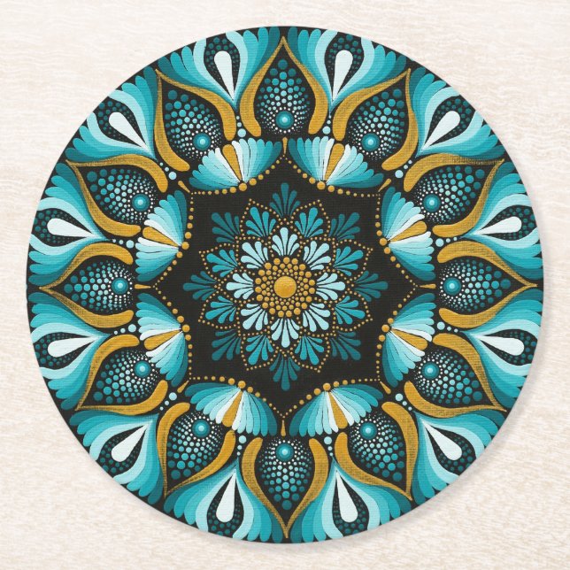 Posavasos Redondo De Papel Mandala azul elegante | Boho de geometría sagrada  (Anverso)