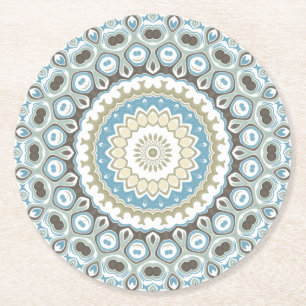 Posavasos Redondo De Papel Mandala Costero en Tonos de Arena, Azul y Madera F