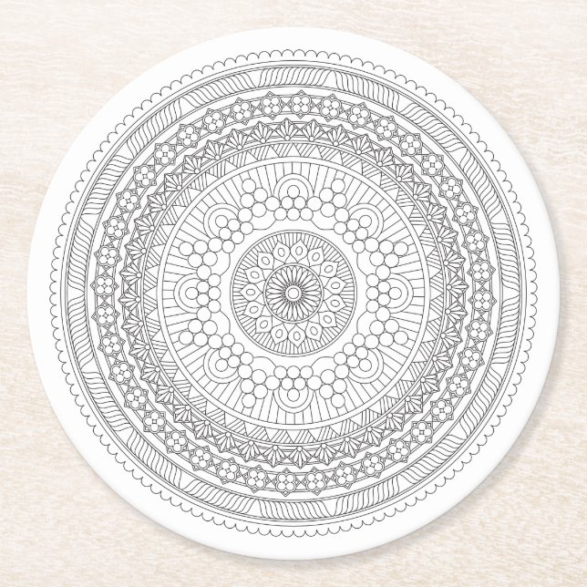 Posavasos Redondo De Papel Mandala en blanco y negro v3 (Anverso)