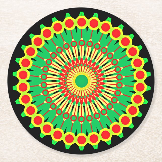 Posavasos Redondo De Papel Mandala Green Círculo Rojo Diseño-58577 (Anverso)