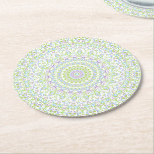 Posavasos Redondo De Papel Mandalas Frescas de Primavera en Verde, Azul y Lav
