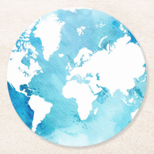 Posavasos Redondo De Papel Mapa del mundo en azules de la acuarela