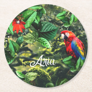 Posavasos Redondo De Papel Maqueta de loro escarlata en la jungla con flores
