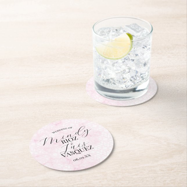 Posavasos Redondo De Papel Marble Abstract Pink Wedding Script Black  (In situ)