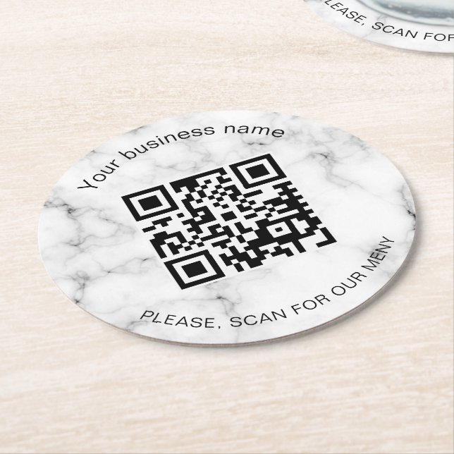 Posavasos Redondo De Papel Marble bar restaurante menú escanear código qr (En perspectiva)