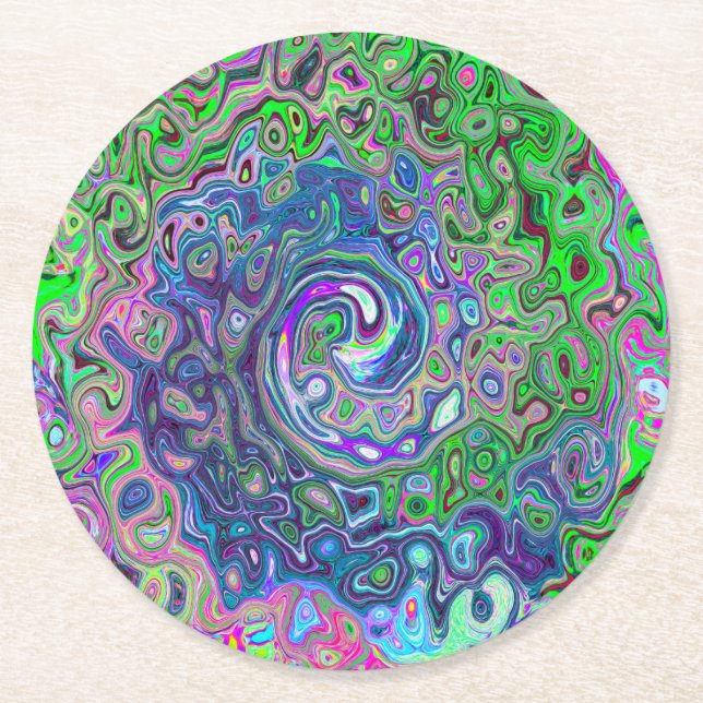 Posavasos Redondo De Papel Marble Lime Green y Purple Resumen Swirt Retro (Anverso)