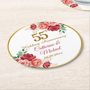 Posavasos Redondo De Papel Marco de oro para aniversario de bodas de 55 años