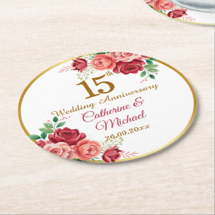 Posavasos Redondo De Papel Marco floral dorado del 15º aniversario de bodas