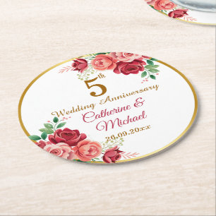Posavasos Redondo De Papel Marco Floral Dorado para 5to Aniversario de Boda