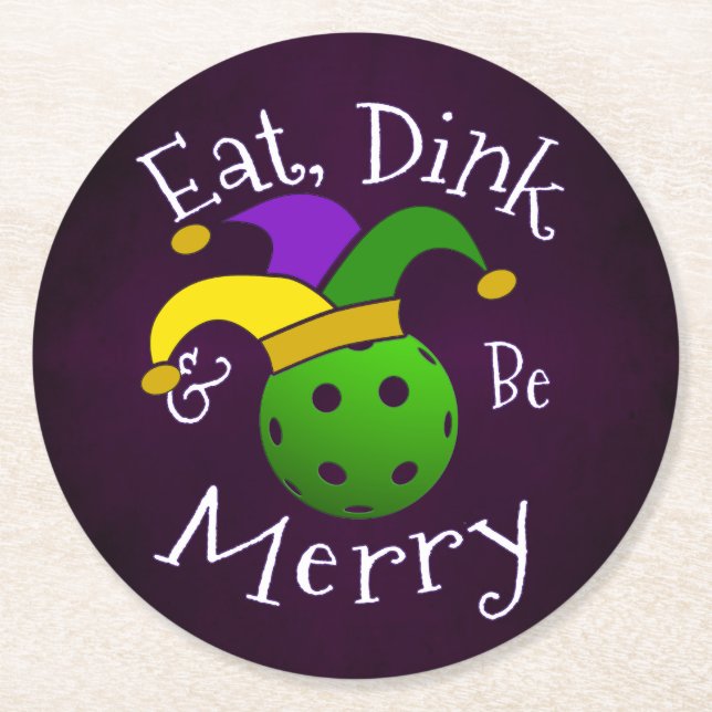 Posavasos Redondo De Papel Mardi Gras Pickleball Come Dink Be Merry (Anverso)