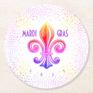 Posavasos Redondo De Papel Mardi Gras Rainbow Fleur De Lis con Confetti