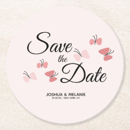 Posavasos Redondo De Papel Mariposas Románticas Rosadas Save the Dates  
