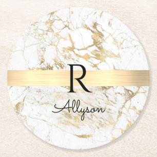 Posavasos Redondo De Papel Mármol Blanco y Dorado Barra Dorada, Monograma de