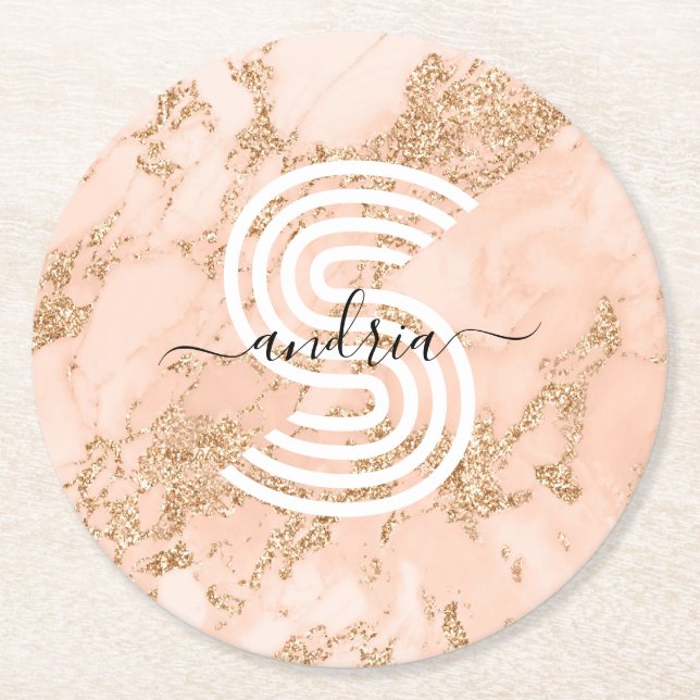 Posavasos Redondo De Papel Mármol Purpurina de oro Rosa, Nombre de guión qué  (Anverso)