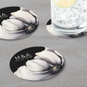 Posavasos Redondo De Papel Matrimonio floral negro monograma moderno