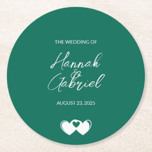 Posavasos Redondo De Papel Matrimonio personalizado verde esmeralda