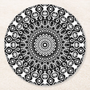 Posavasos Redondo De Papel Medallón Kaleidoscope de Mandala blanco y negro