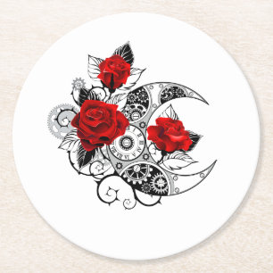 Posavasos Redondo De Papel Media luna mecánica con rosas rojas